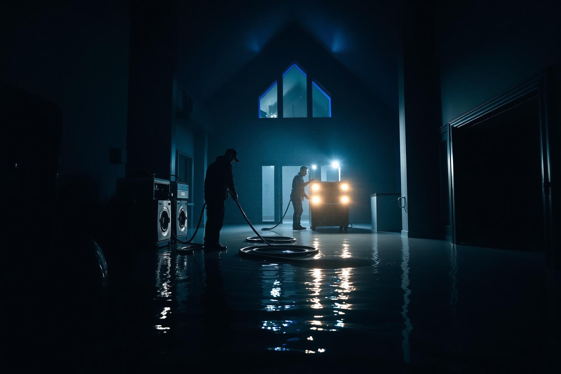 Water damage restoration crew responding to flooded Lynnwood home at night
